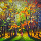 Colorful painting of seven children on forest path at twilight