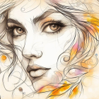 Detailed woman's face illustration with stylized eyes and wavy lines in soft watercolor.