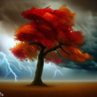 Red tree in stormy sky with lightning strikes and fallen leaves