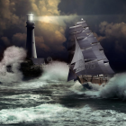 Sailboat navigating stormy waves near moonlit lighthouse