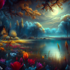 Moonlit Pond with Vibrant Flowers and Cozy Cottage