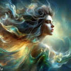 Ethereal woman with flowing hair in vibrant nebula-like background