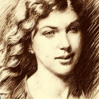 Sepia-toned illustration of woman with floral-patterned curly hair gazes sideways