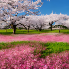 Blossoming cherry trees in vibrant landscape