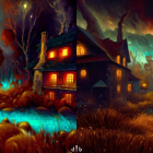 Panoramic fantasy landscape with glowing houses and colorful trees under twilight sky