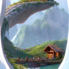 Fantasy landscape with floating island, waterfall, wooden houses, misty mountains.