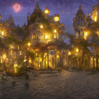 Enchanting night scene of cobblestone street with fairy-tale houses, warm lights, and