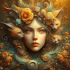 Colorful Fantasy Portrait Featuring Woman, Cats & Floral Decorations