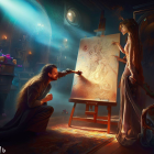 Artist painting woman with elaborate hair in mystical, dimly lit room.