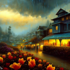 Scenic evening rain in quaint village with warm lights and vibrant flowers