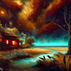 Vibrant fantasy night landscape with cottage, lighthouse, starry sky, and red trees