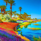 Colorful floral blooms by clear blue stream with sunny sky and lush palm trees