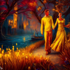 Couple holding hands in twilight landscape with castle and vibrant colors