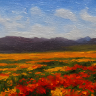 Colorful desert landscape painting with orange rock formations and wildflowers