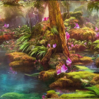 Ethereal forest scene with purple flowers and mysterious blue glow