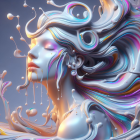 Colorful digital artwork: Woman with swirling liquid hair in blue, purple, and white