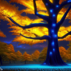 Colorful illustration of glowing blue tree in mystical forest