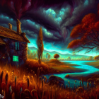 Digital artwork: Serene twilight scene with small house, lake, autumn trees, starry sky