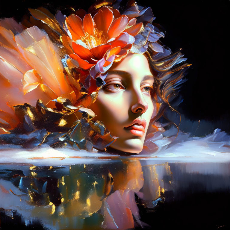 Surreal portrait of woman with floral headdress and vibrant colors