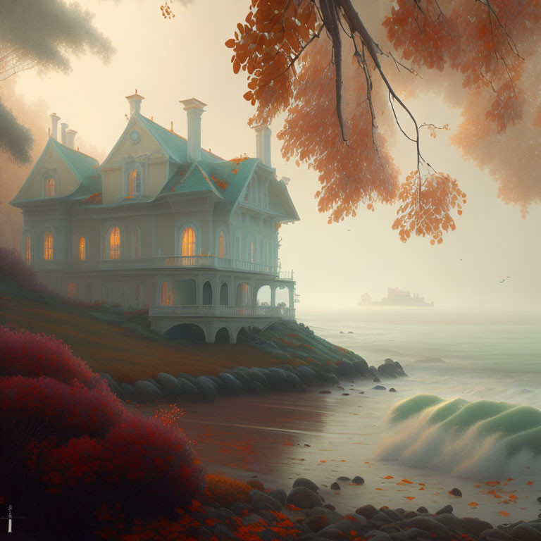 Victorian house on beach at dusk with warm lights, autumn foliage, distant ship