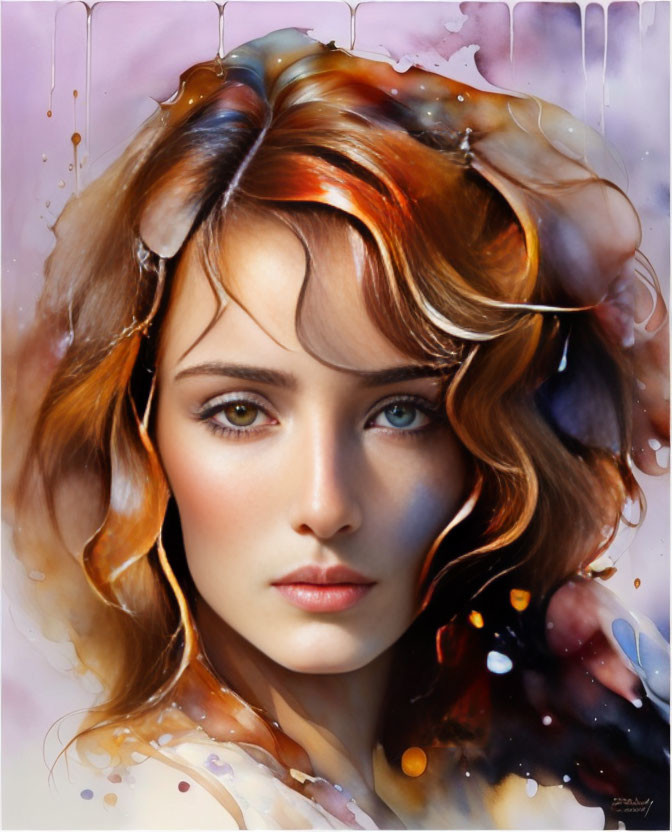 Digital Artwork: Woman with Chestnut Hair and Blue Eyes