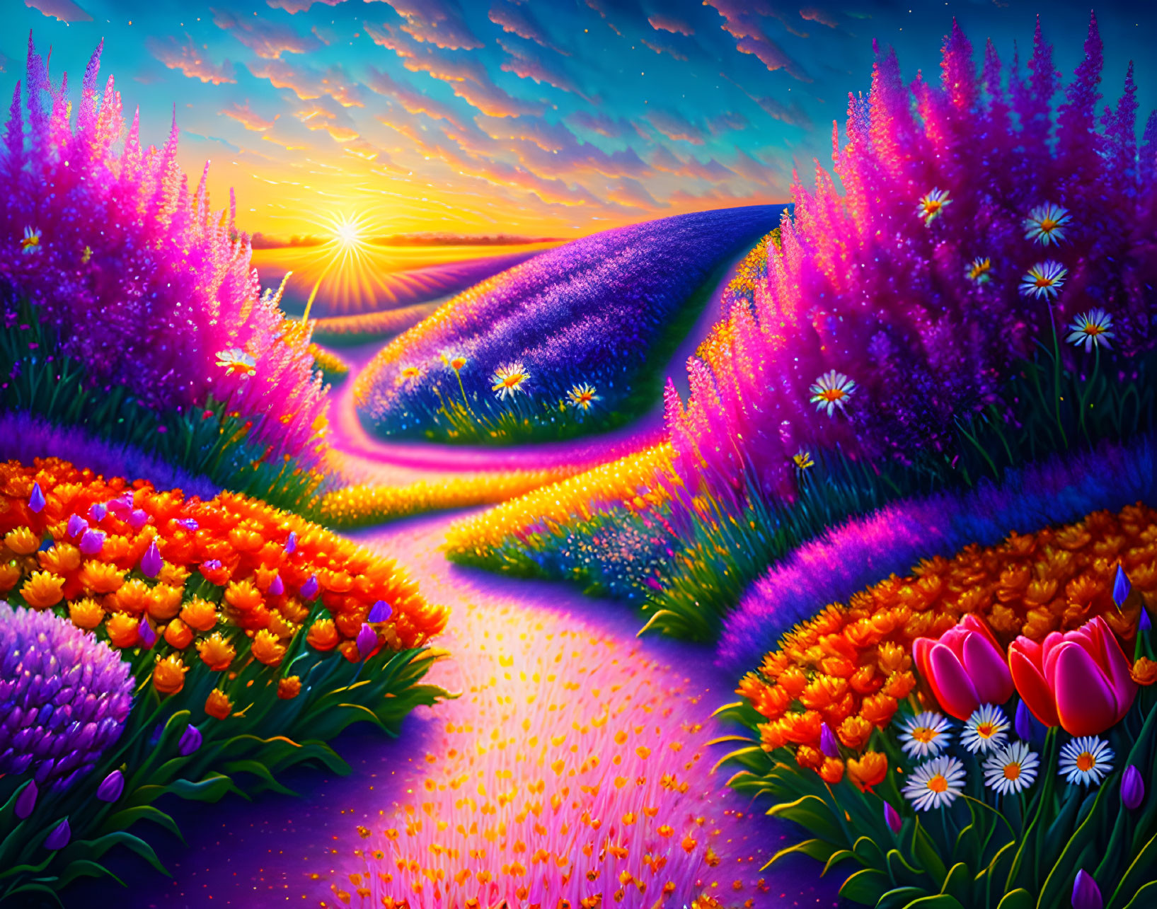 Colorful Fantasy Landscape with Luminous Flowers and Radiant Sunset