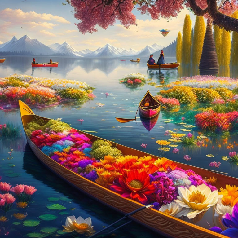 Colorful flowers blooming on serene lake with paddling canoes, mountains, trees, and blue