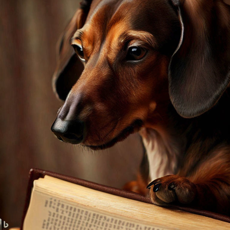 Brown Dachshund with Shiny Coat Resting on Open Book