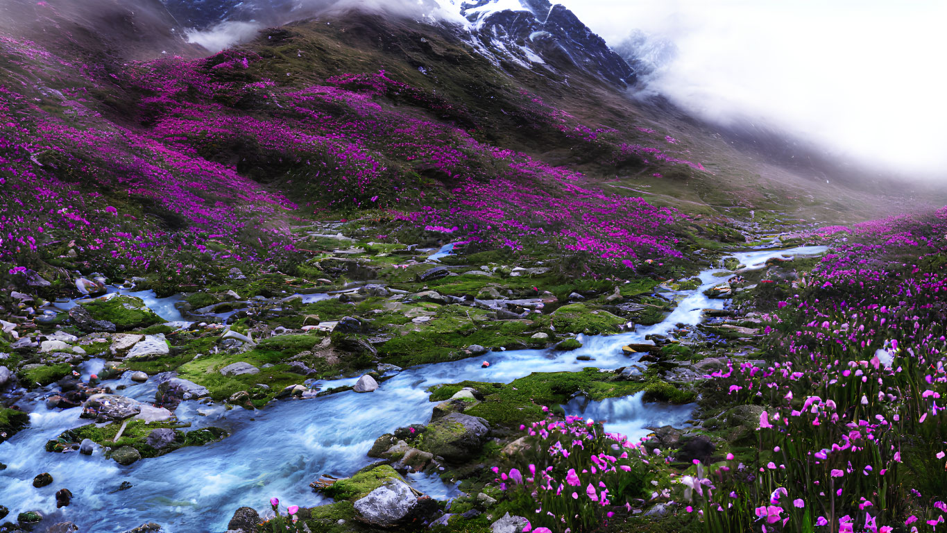 Mountainous Landscape with Pink Flowers, Winding Stream, and Mist