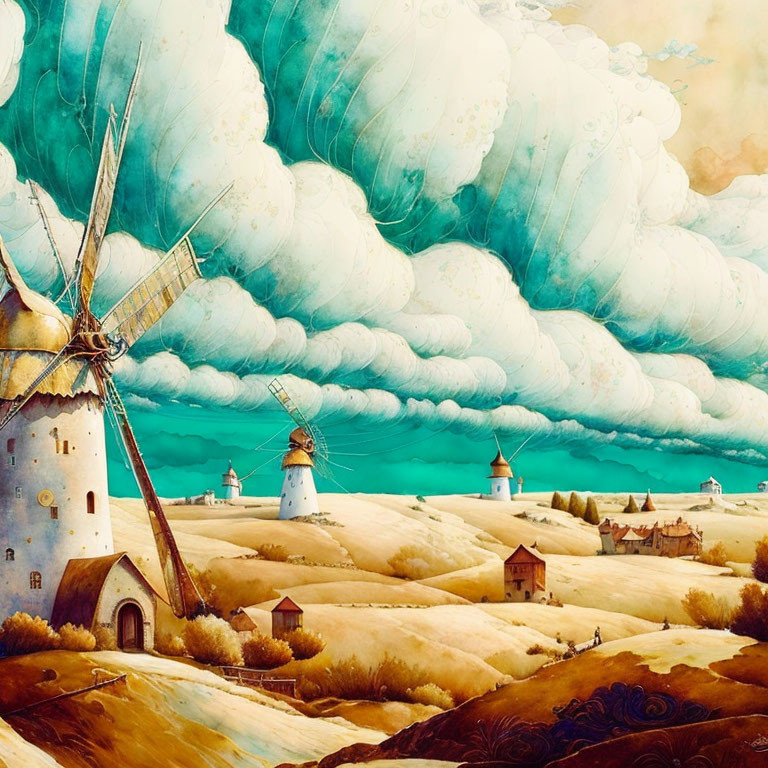 Colorful painting of windmills on rolling hills under a surreal sky