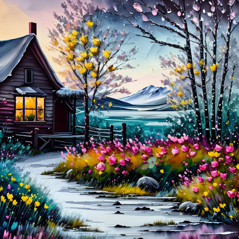 Scenic painting of cozy cabin at twilight with colorful flowers