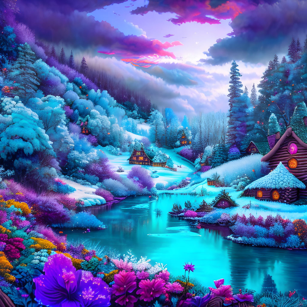 Vibrant winter scene: snow-covered cabins, serene river, lush flora, misty forest,