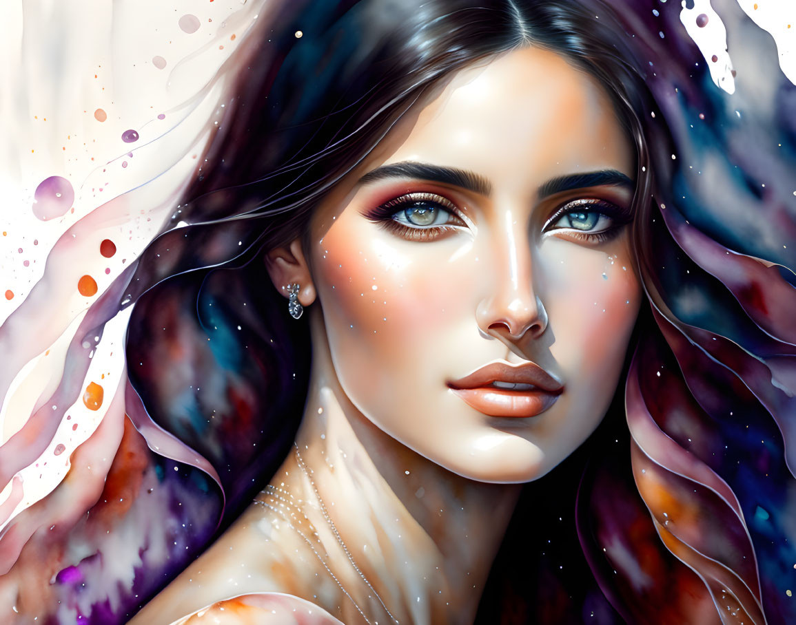 Portrait of woman with blue eyes, long lashes, colorful hair & paint-splattered background