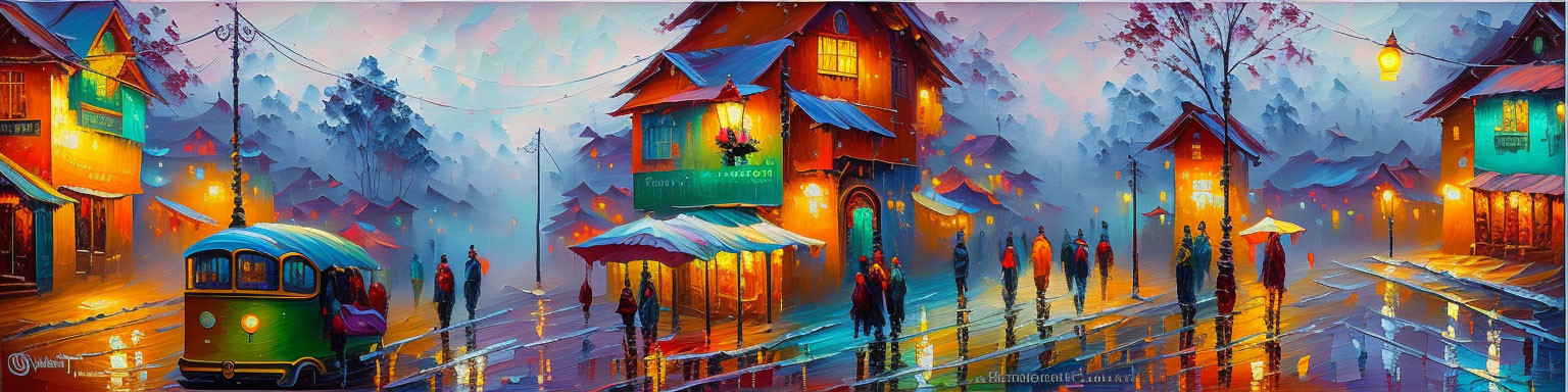 Colorful illuminated buildings and people with umbrellas in a vibrant twilight street scene.