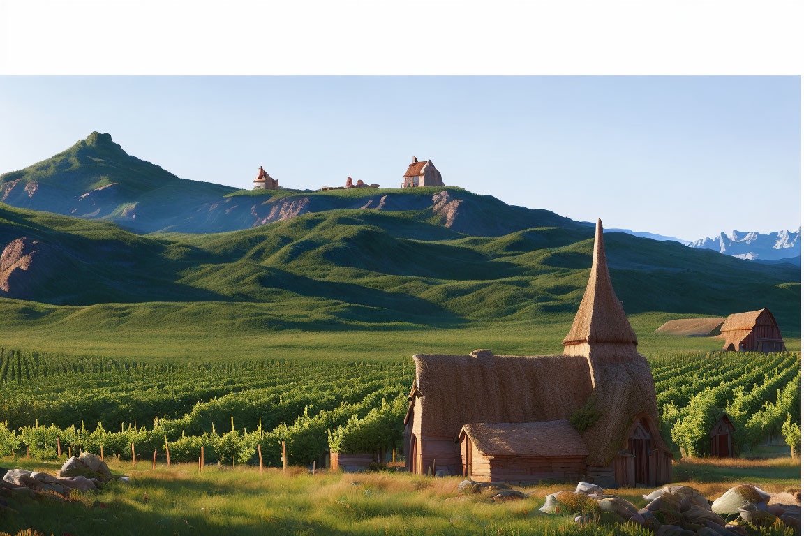 Scenic landscape with straw-thatched structure, green hills, and mountains