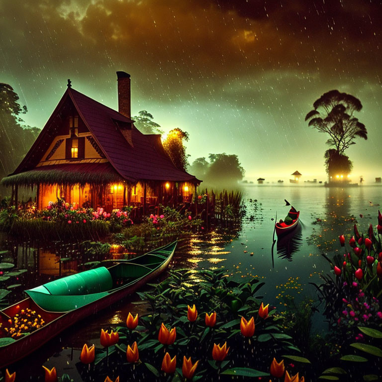 Riverside cottage in misty rain with canoes and flowers