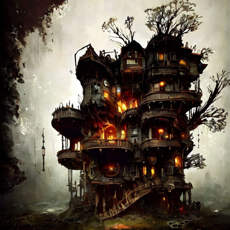 Spooky multi-story treehouse in misty forest with warm lights