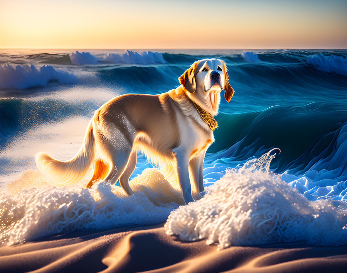 Golden Retriever on Sandy Beach with Sunset Sky and Crashing Waves