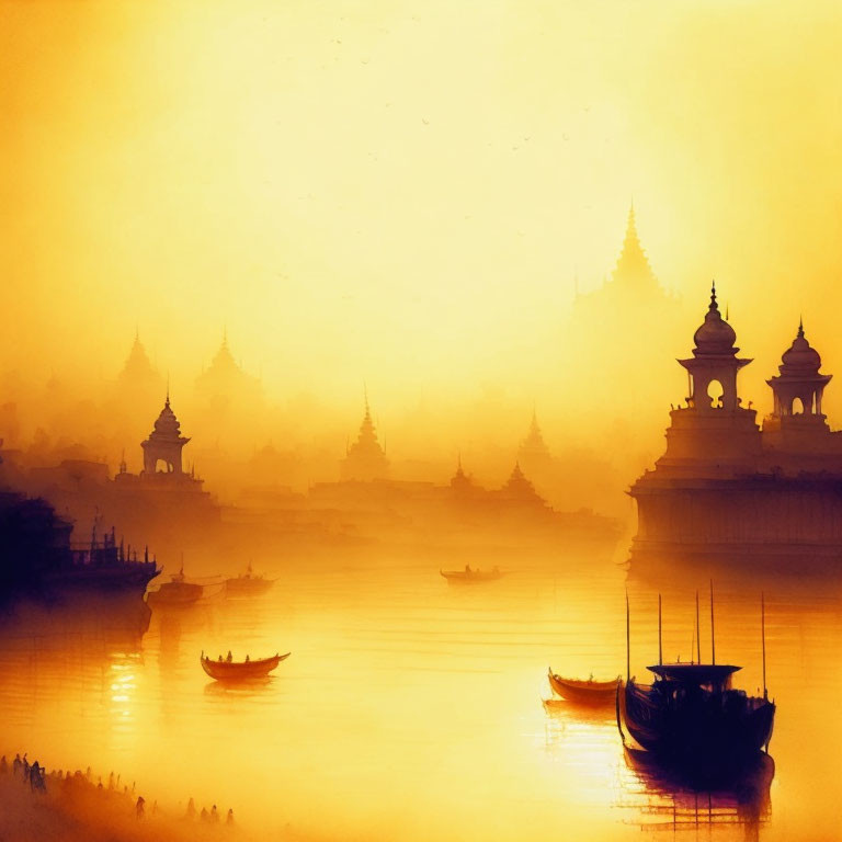 Tranquil river at sunrise with boat silhouettes & temple complex.