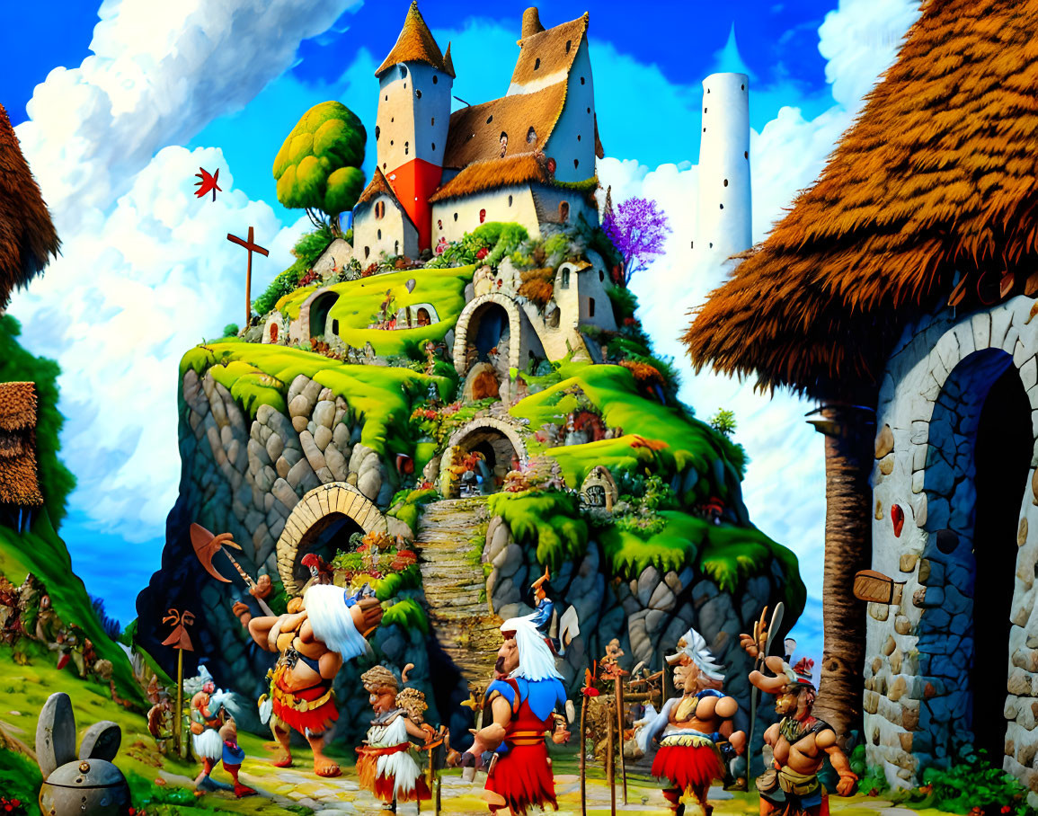 Fantasy cartoon characters in ancient attire with stone castle on green hill