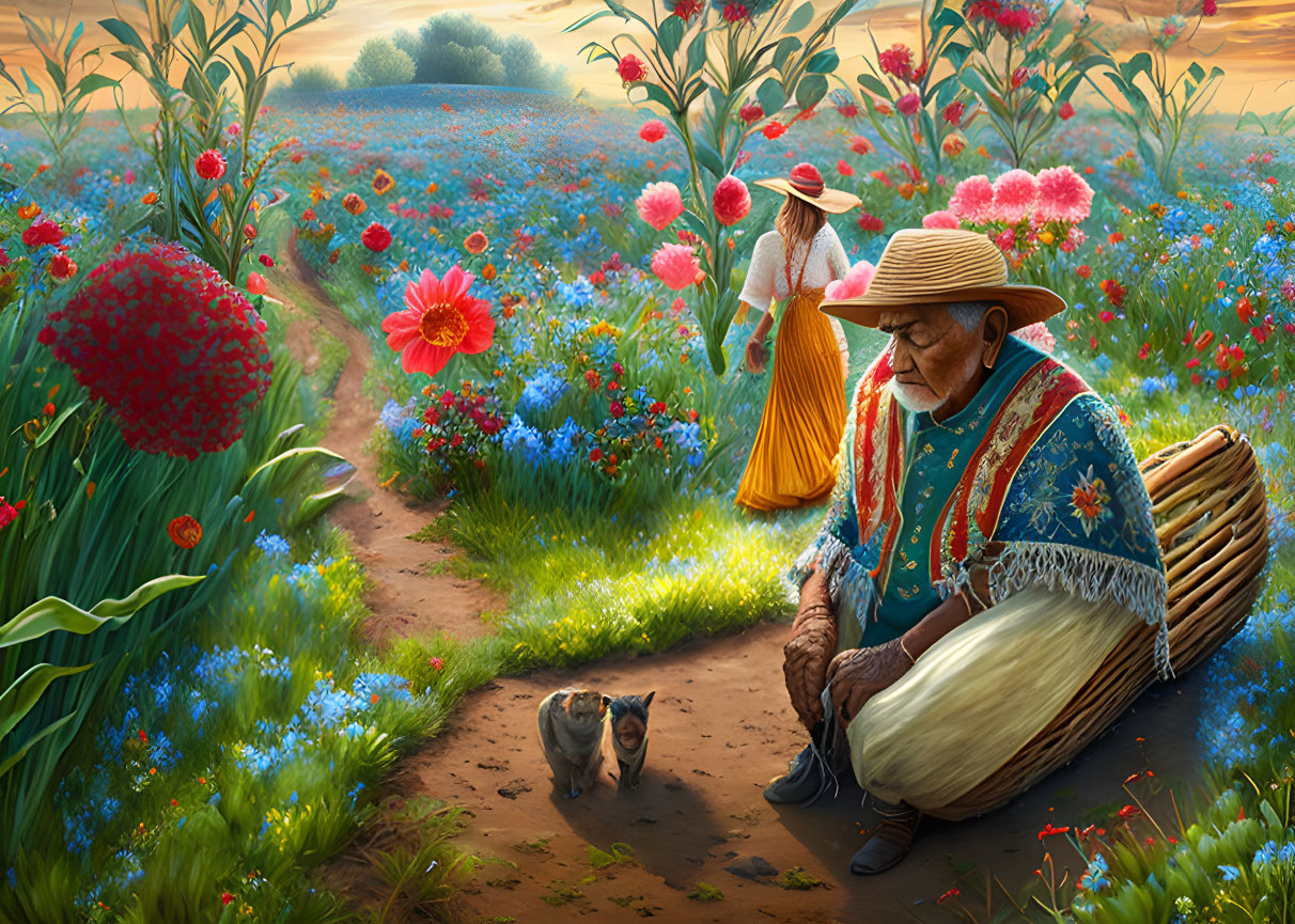 Elder resting in flower field with cat and woman walking in background