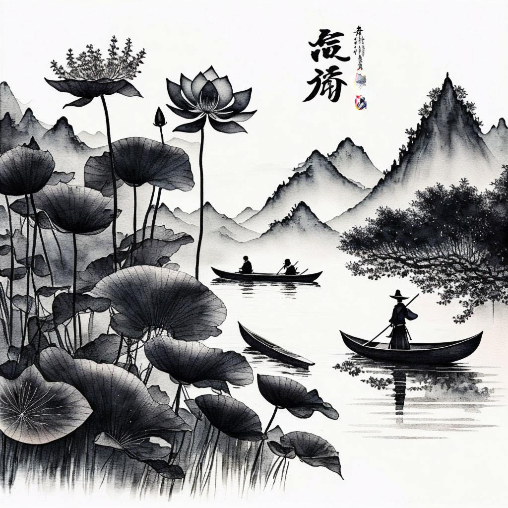 Ink painting: Lotus flowers, boats on river, mountains, Chinese calligraphy