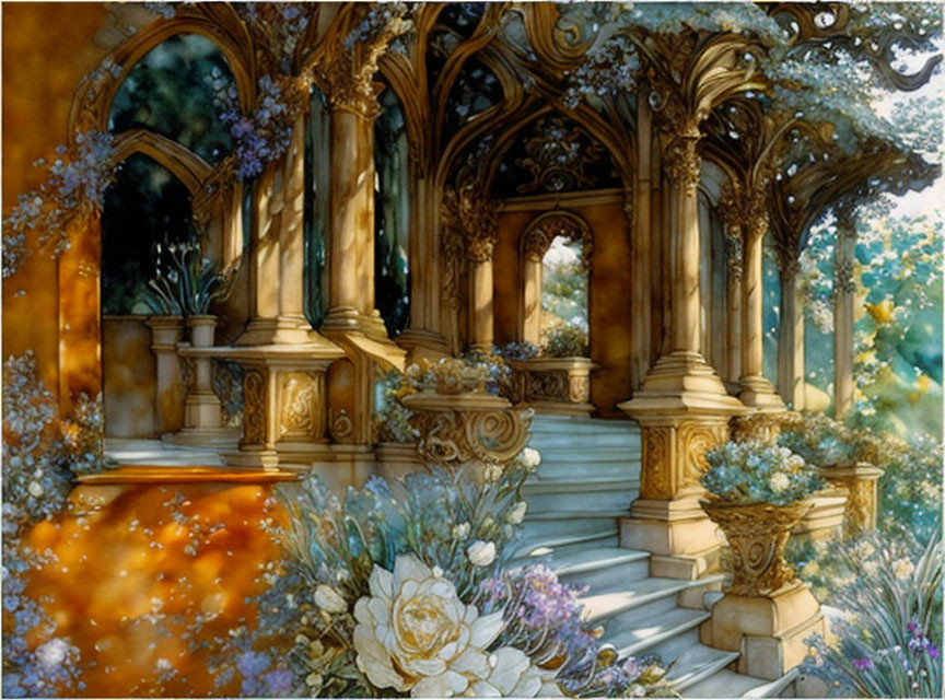 Ornate Sunlit Garden Alcove with Blooming Flowers