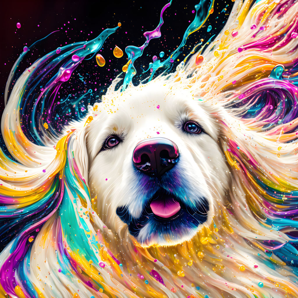 Colorful digital artwork: White dog's face surrounded by swirling paint splashes