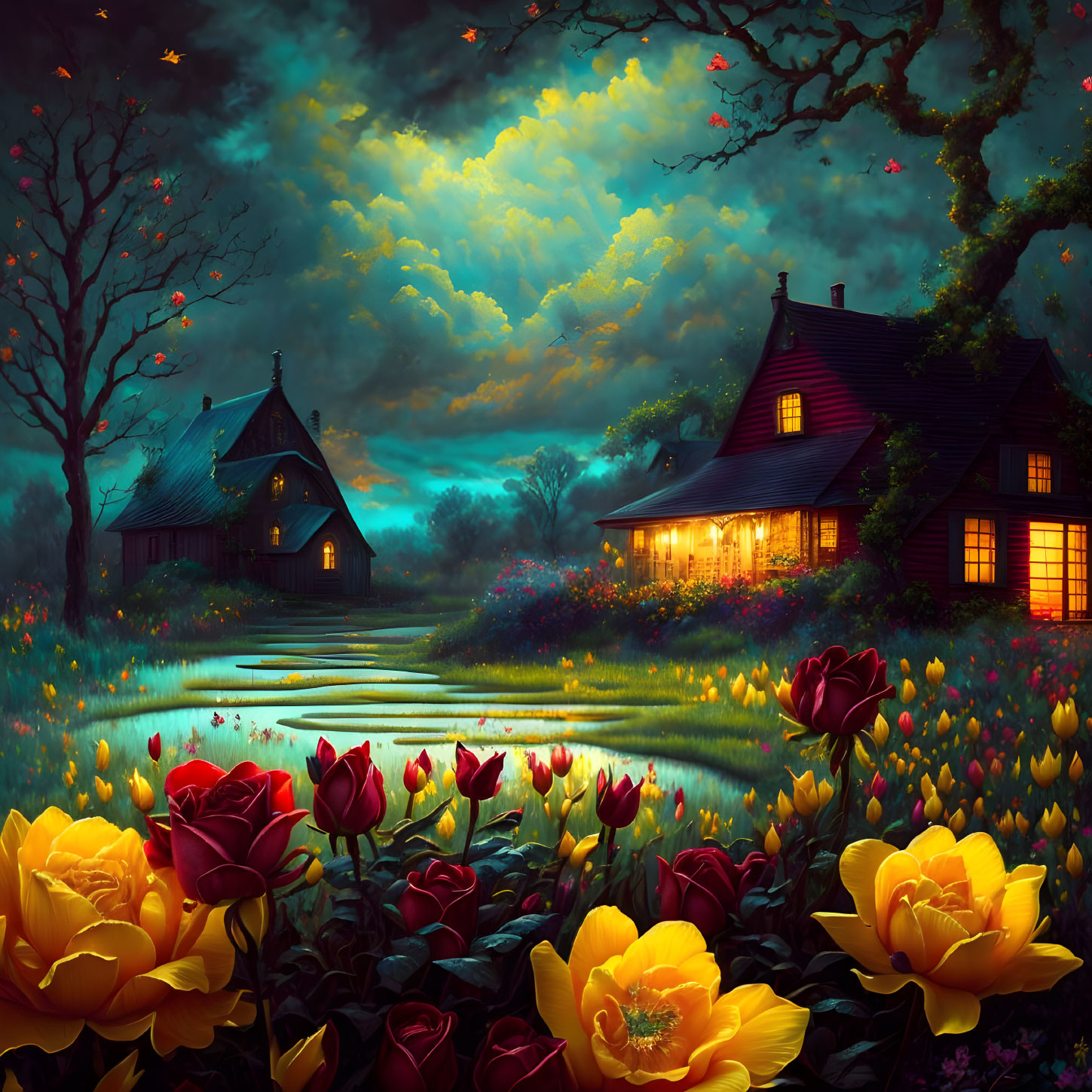 Digital artwork: Cozy night scene with illuminated cottages, pond, flowers, trees, starry