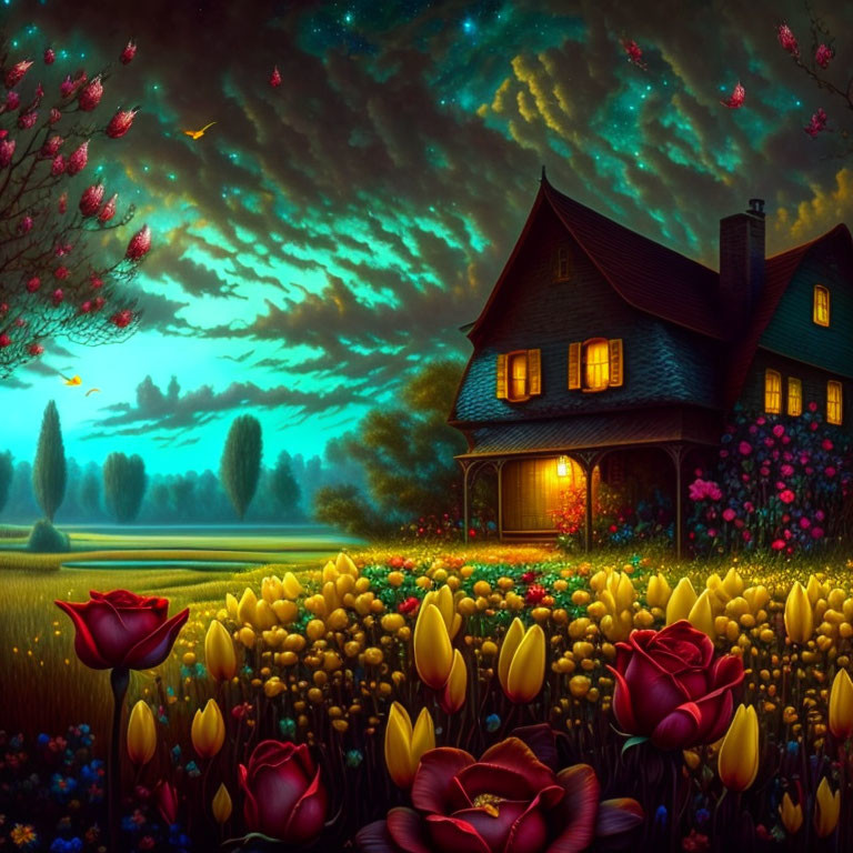 Cozy cottage surrounded by tulips under starry sky & glowing porch light