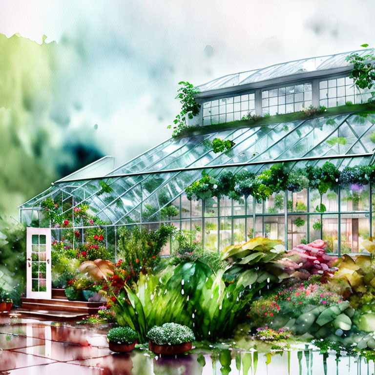 Lush Greenhouse Watercolor Illustration of Flowers and Plants