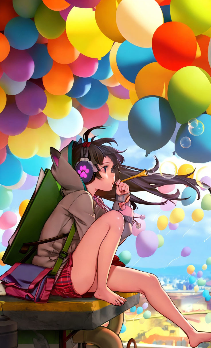 Animated girl blowing bubbles on ledge with colorful balloons in background