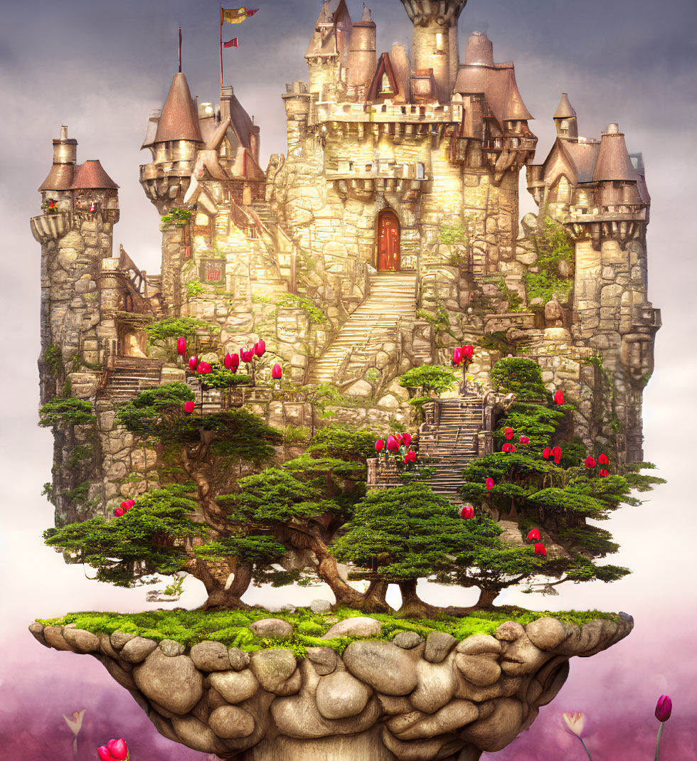 Enchanted castle on giant floating tree with lush greenery and red flowers in pink sky