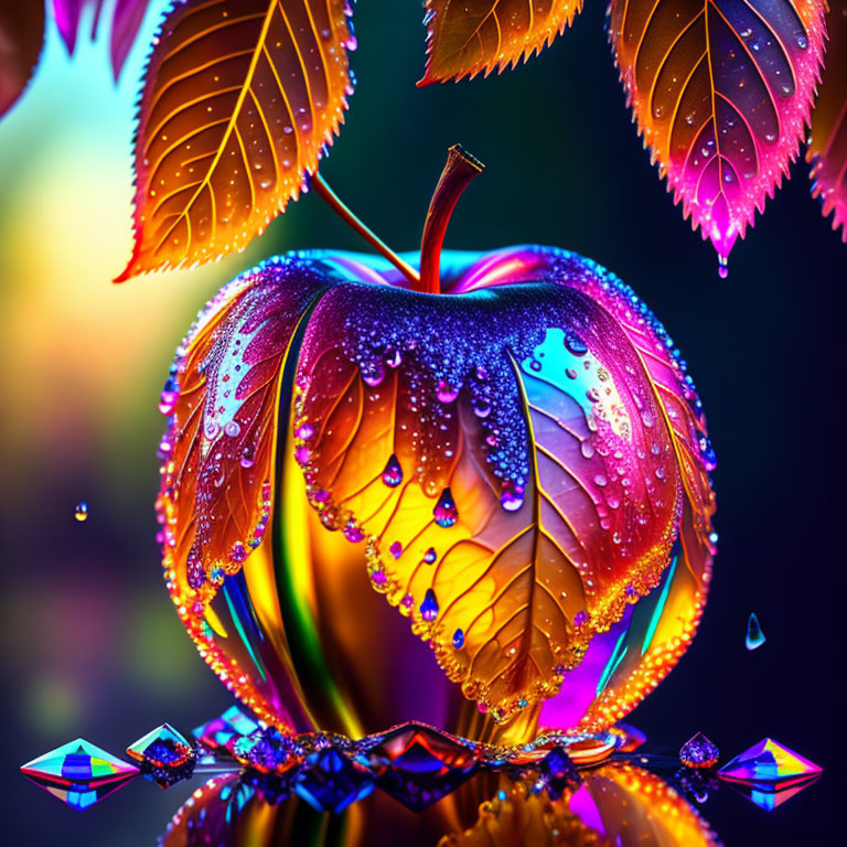 Colorful Apple with Water Droplets, Leaves, and Crystals in Luminous Setting